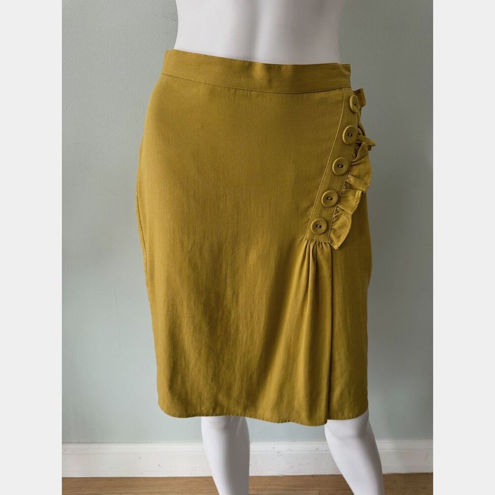 Burlapp x Anthropologie Mustard Yellow Pencil Skirt Ruffle Button Detail Midi 2